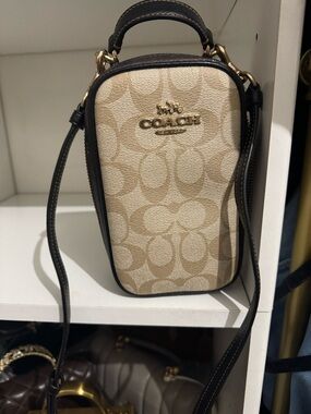 Coach Beige Signature Compact Crossbody with Dark Brown Trim